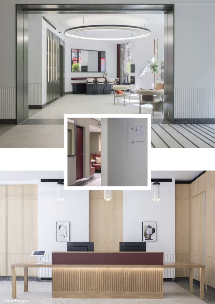 Images showing the reception are of Southampton row. A beautiful reception desk in one image with 3 pendant lights suspended from the ceiling, another image with signage showing the way to the bathroom and a little meeting nook in the corner and the final image showing the seating area in white room with deep green accents and doors